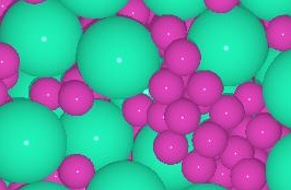computer rendered
image showing large green spheres mixed with
small purple spheres