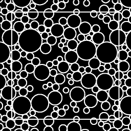 white circles on a black background, a
mixture of sizes, and not yet close packed