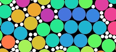 large colorful
disks with small white disks in between them
randomly, on a black background